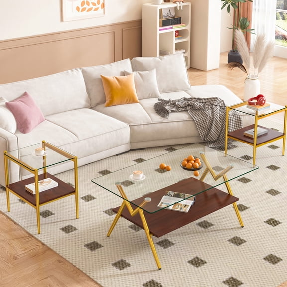 3 - Piece Coffee and End Tables Set | Daily - Use Living Room Tables with Smooth Edges | Tempered Glass and Durable Iron Legs | Ensures Safety and Stability