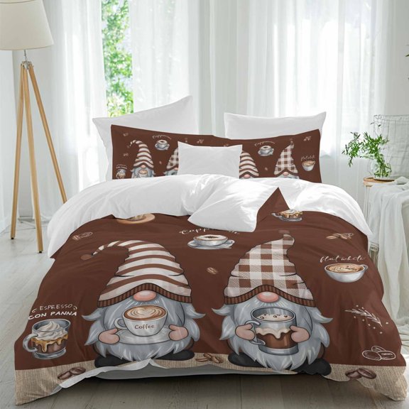 3 Piece Coffee Gnomes Duvet Cover Set Twin Size, Microfiber Comforter/Quilt Cover with Corner Ties and 2 Pillowcases, Coffee Beans Cups Brown All Season Soft Bedding with Zipper Closure