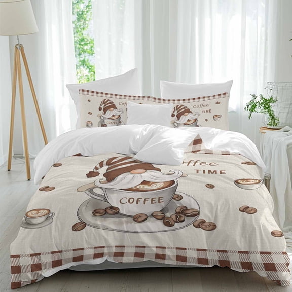 3 Piece Coffee Gnomes Duvet Cover Set Twin Size, Microfiber Comforter/Quilt Cover with Corner Ties and 2 Pillowcases, Farmhouse Brown Plaid Teacup Beans All Season Soft Bedding with Zipper Closure