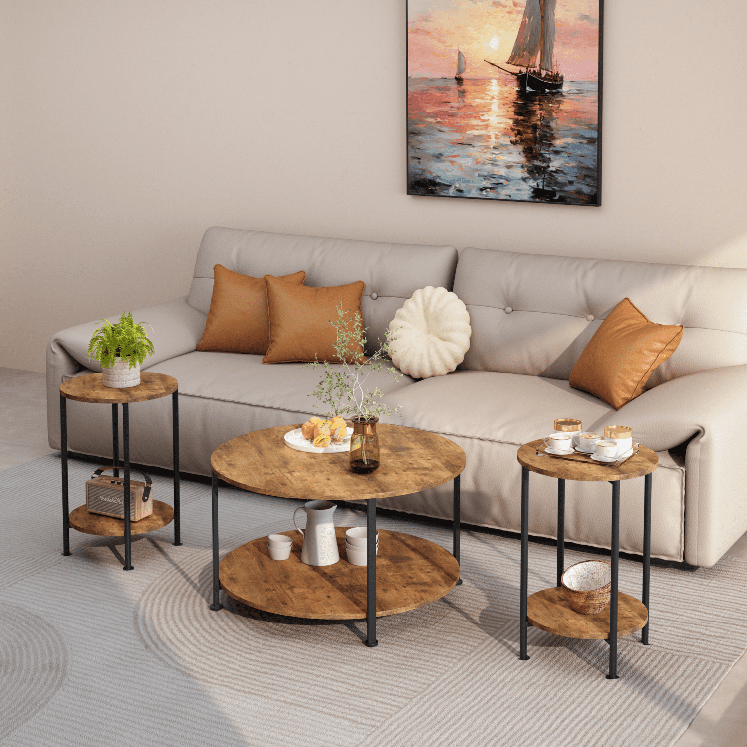 3-Piece Coffee Table and End Table Sets for Living Room, Round Coffee and End Table Set of 3 with Large Storage, Modern Farmhouse Furniture for Apartment Home (Rustic Brown)