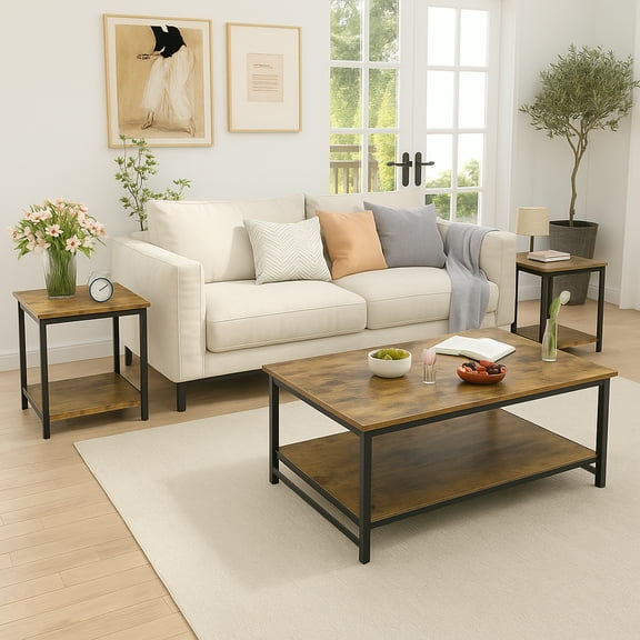 Dowellia 3-Piece Coffee Table Set for Living Room, End Table Set with Storage, Includes 1 Coffee Table and 2 End Tables, Rustic Brown