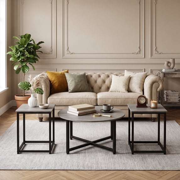 3-Piece Coffee Table Set with Metal Legs, Round Coffee Table and 2PCS Square End Tables for Living Room, Gray