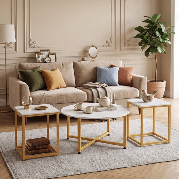 3-Piece Coffee Table Set with Metal Legs, Round Coffee Table and 2PCS Square End Tables for Living Room,White & Gold
