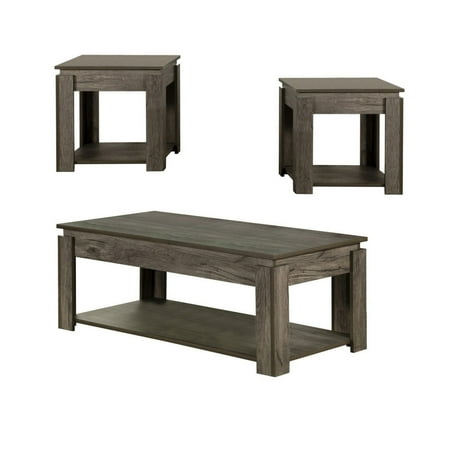 3 Piece Coffee Table and End Table Set with Raised Tops Weathered Gray - Saltoro Sherpi