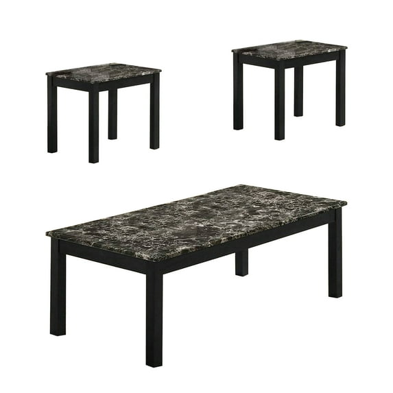 3 Piece Coffee Table and End Table with Faux Marble Top Black - Saltoro Sherpi