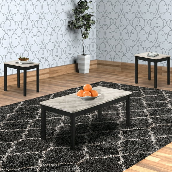 3 Piece Coffee Table and End Table with Faux Marble Top Black and White - Saltoro Sherpi