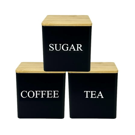 3-Piece Coffee, Tea and Canister Set with Labeled Lids - Kitchen Storage Jars for Flour and Dry Goods Organization - Black