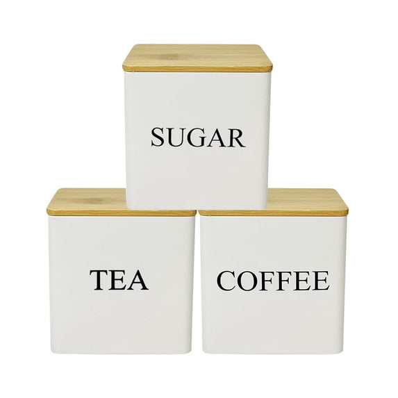 3-Piece Coffee, Tea and Canister Set with Labeled Lids - Kitchen Storage Jars for Flour and Dry Goods Organization - White