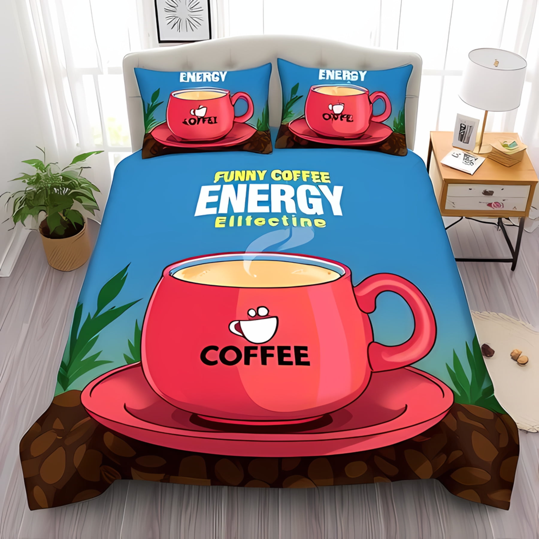 3-Piece Coffee Themed Duvet Cover Set - Bright Blue Comforter with ...
