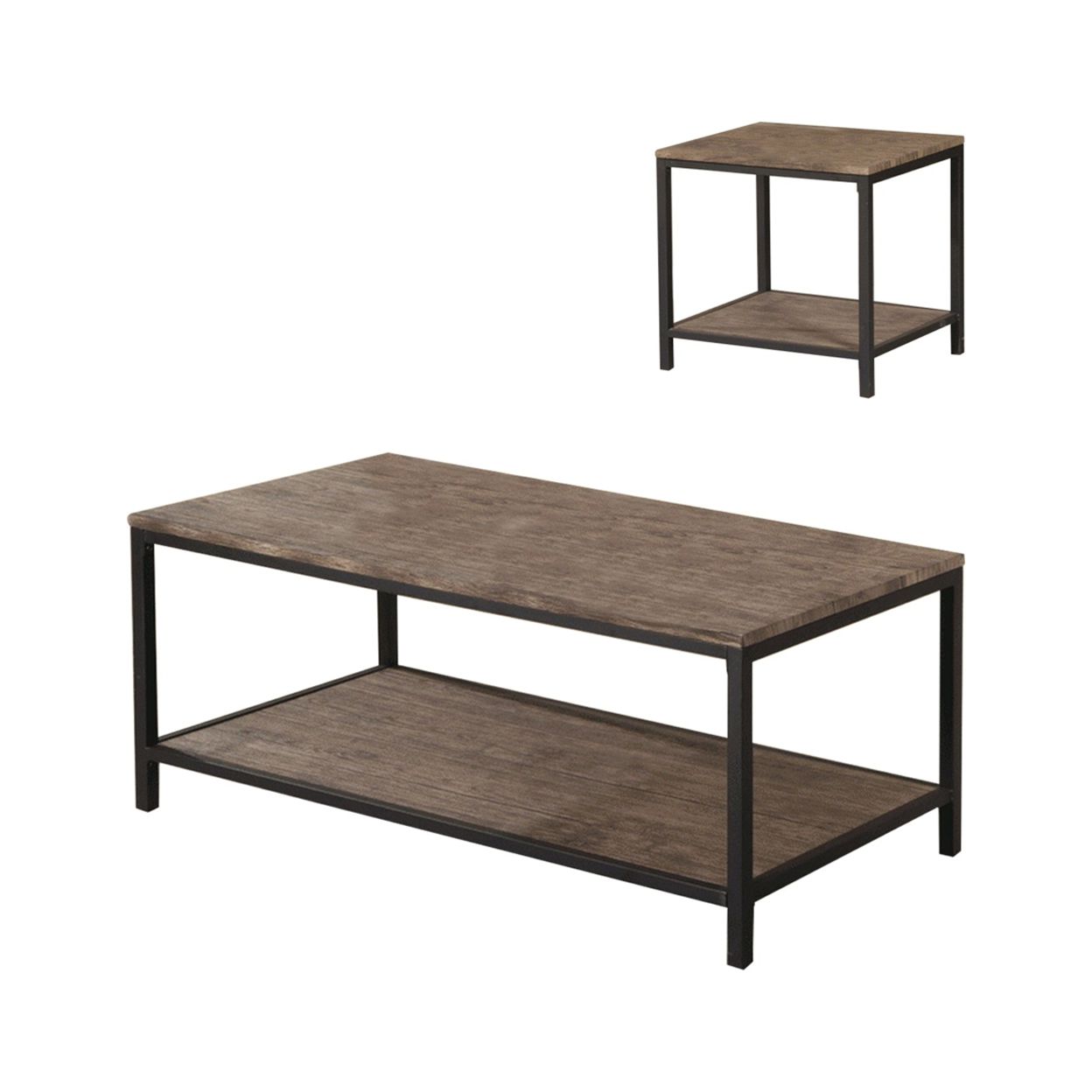 3 Piece Coffee and End Table Set, Wood Surface, Bottom Shelves, Black