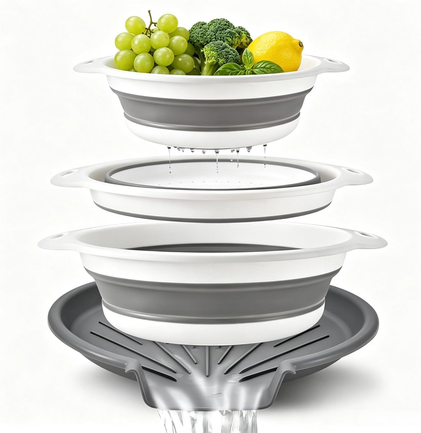 3-Piece Collapsible Colander Set with Drain Base, Kitchen Strainer ...