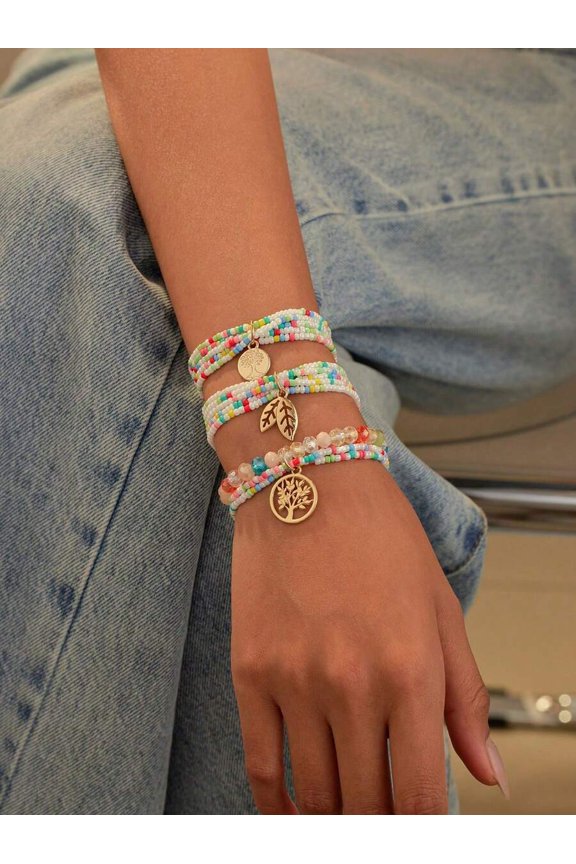 3-Piece Colorful Beaded Wrap Bracelet Set With Tree And Leaf Charms