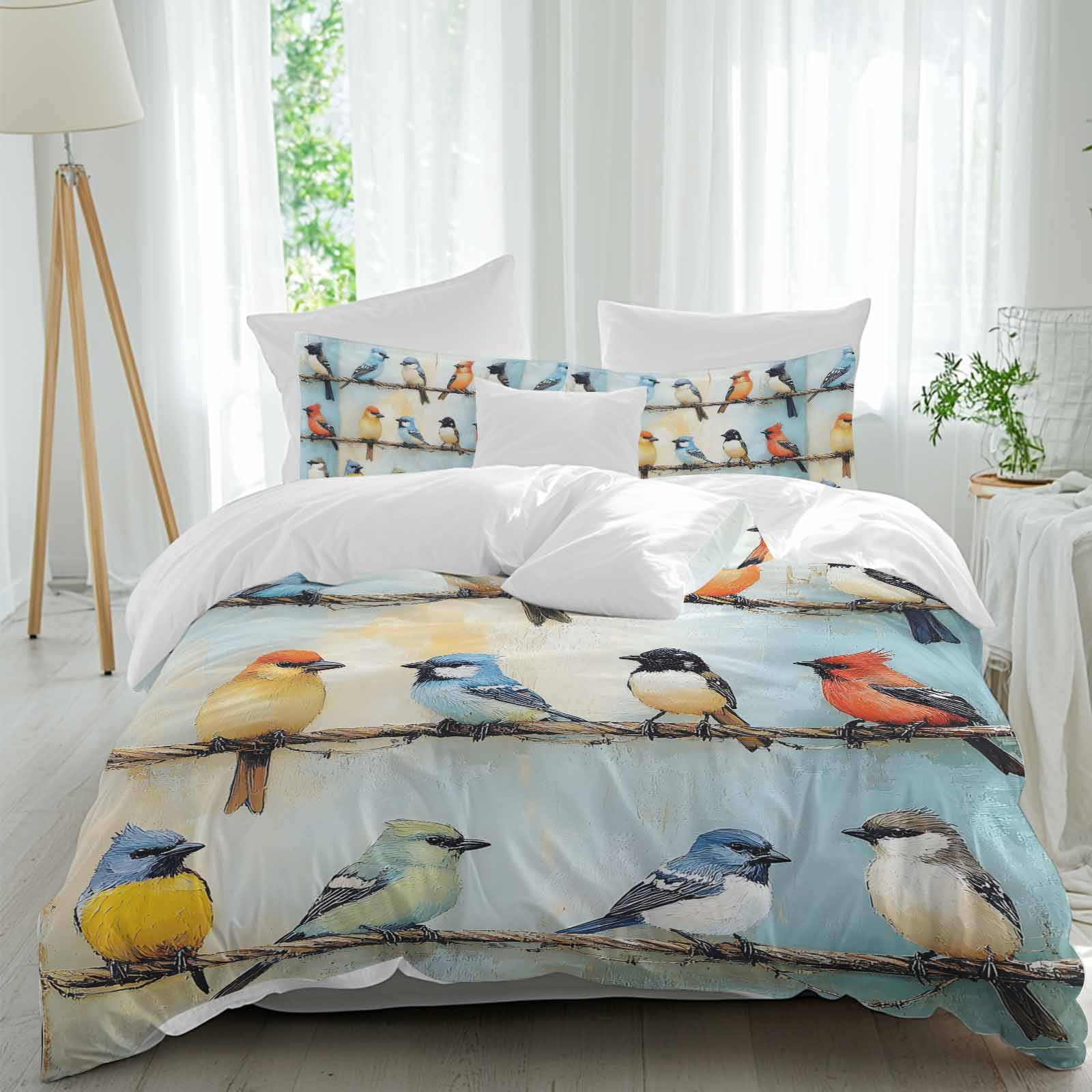 3 Piece Colorful Birds Oil Painting Duvet Cover Set Full Size ...