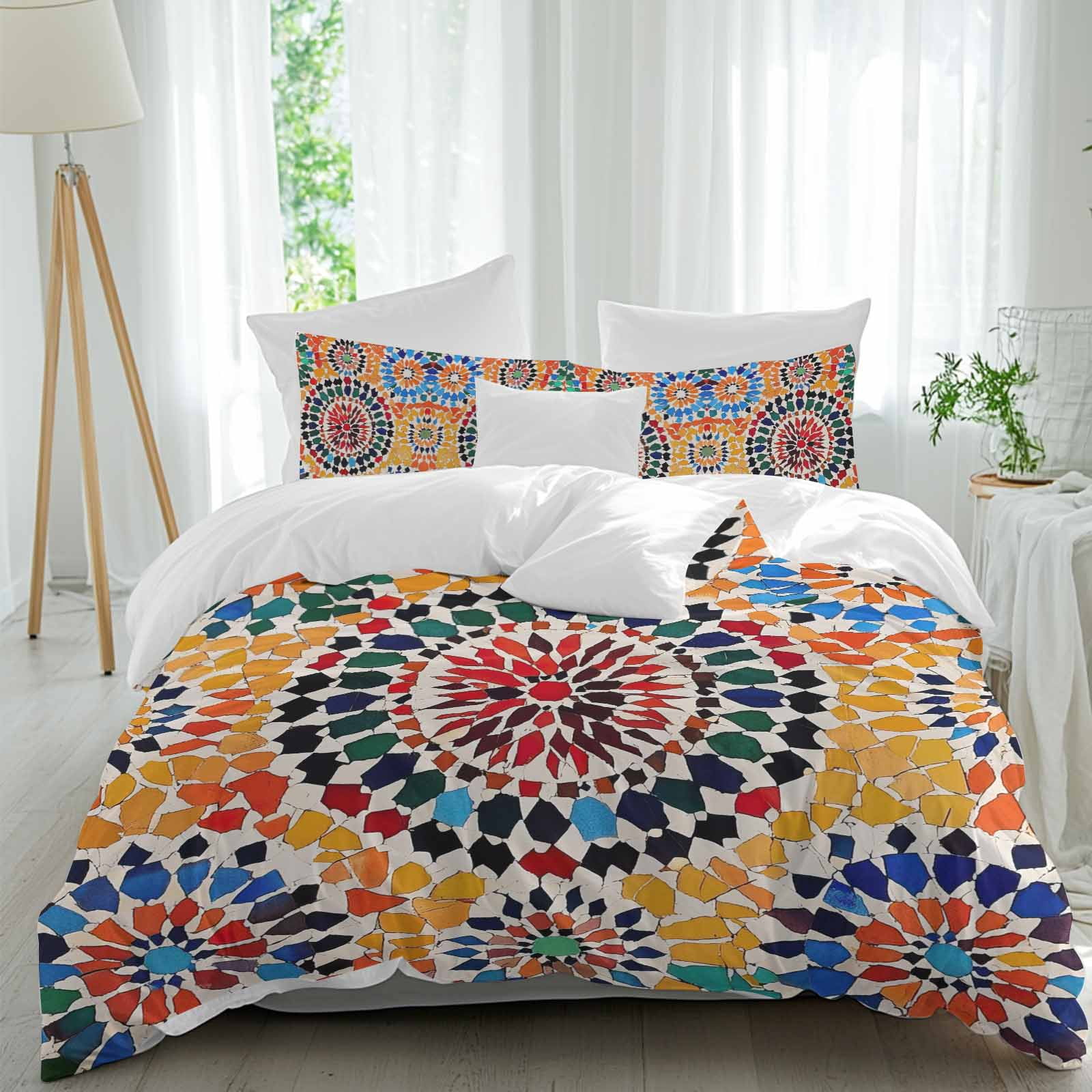 3 Piece Colorful Boho Duvet Cover Set Queen Size, Microfiber Comforter ...