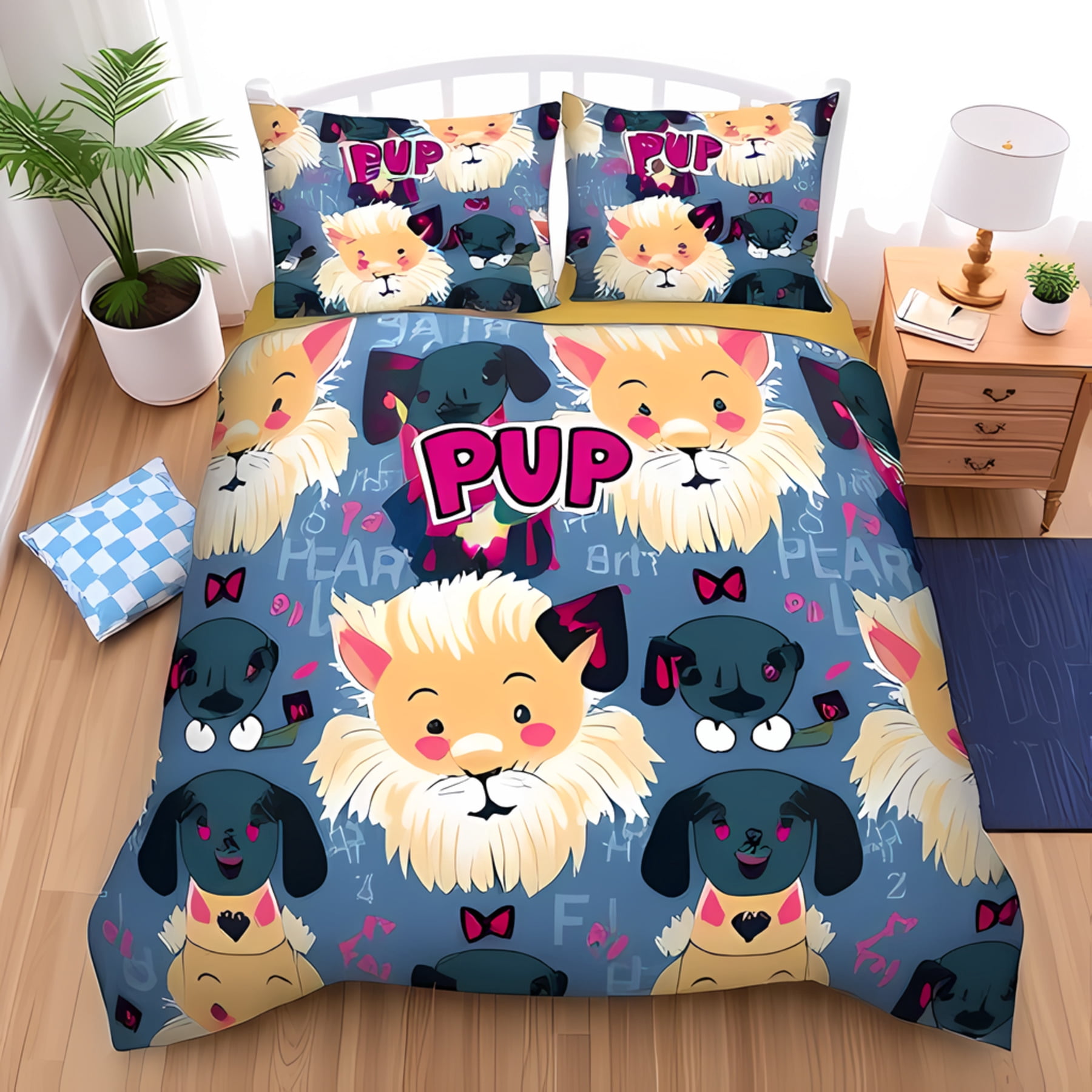 Pup Design 3-Piece Colorful Cartoon Animal Duvet Cover Set - Blue Background with ...