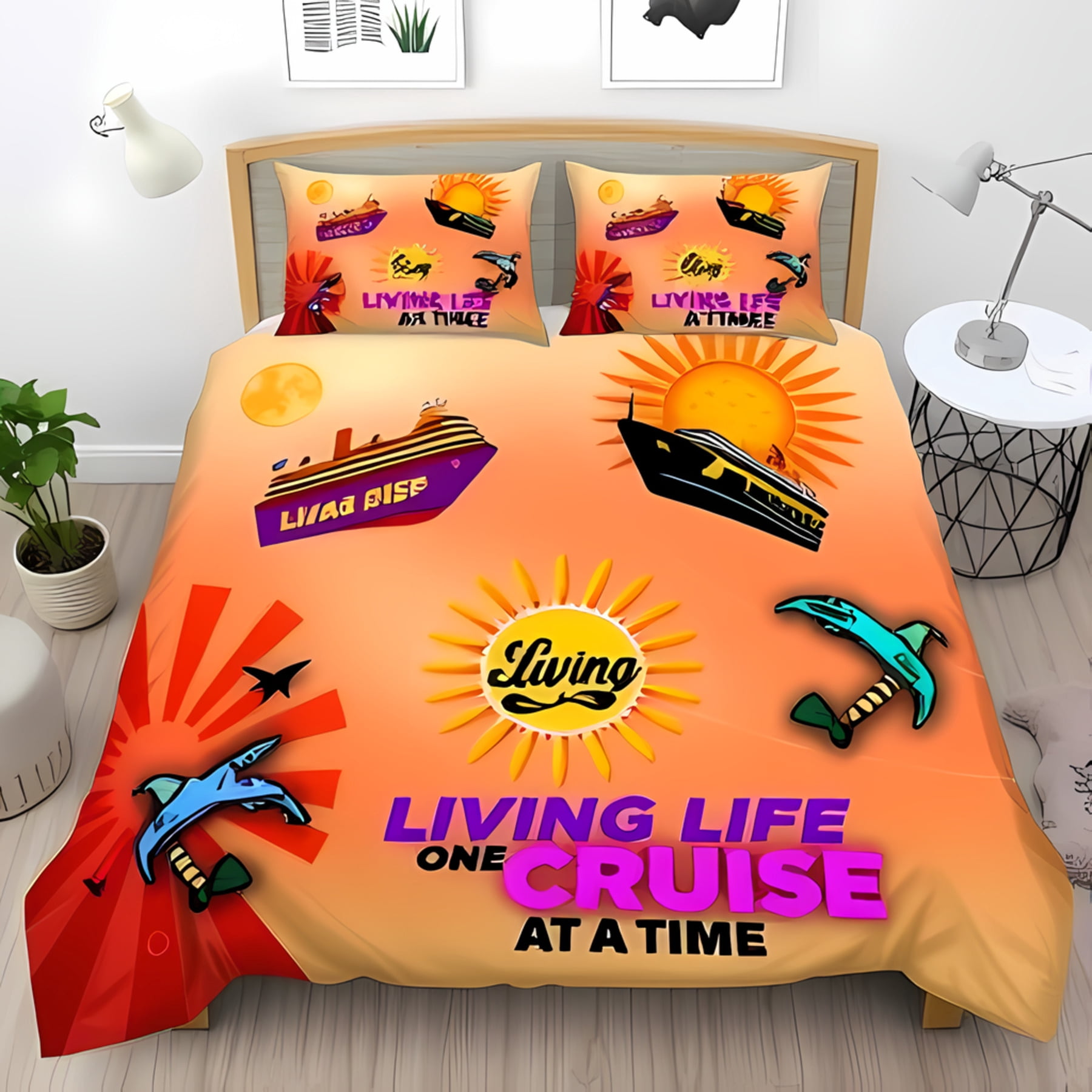 3-Piece Colorful Duvet Cover Set with Vibrant Sun Motif Cruise Ship ...