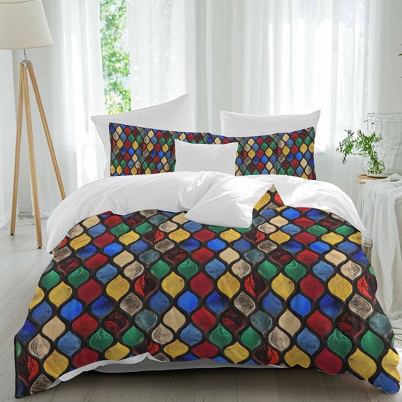 3 Piece Colorful Morocco Duvet Cover Set Full Size, Microfiber Comforter/Quilt Cover with Corner Ties and 2 Pillowcases, Modern Geometric Abstract Art All Season Soft Bedding with Zipper Closure
