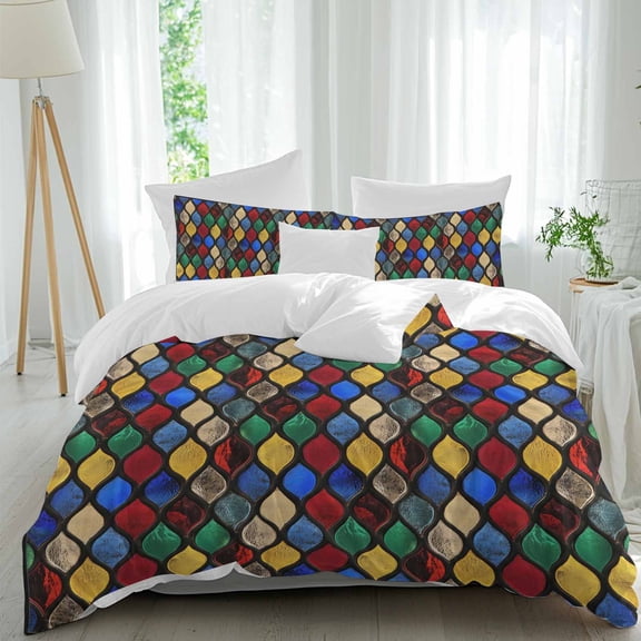 3 Piece Colorful Morocco Duvet Cover Set Twin Size, Microfiber Comforter/Quilt Cover with Corner Ties and 2 Pillowcases, Modern Geometric Abstract Art All Season Soft Bedding with Zipper Closure