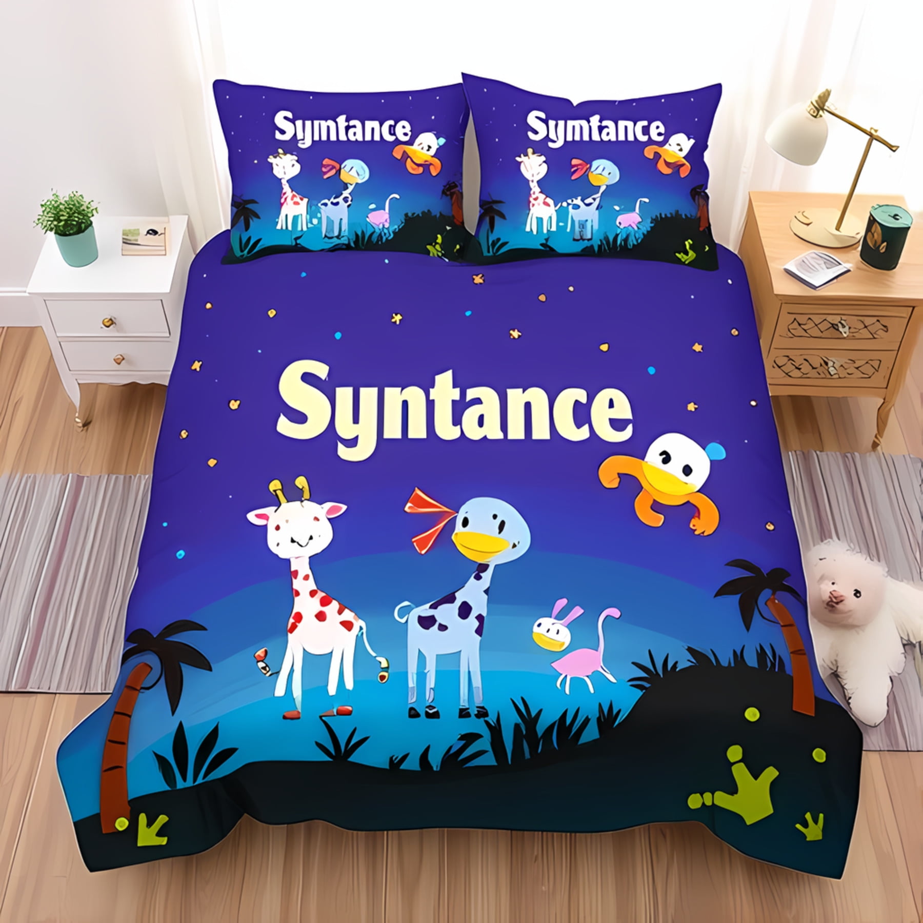 3-Piece Colorful Night Sky Duvet Cover Set with Cartoon Animals ...
