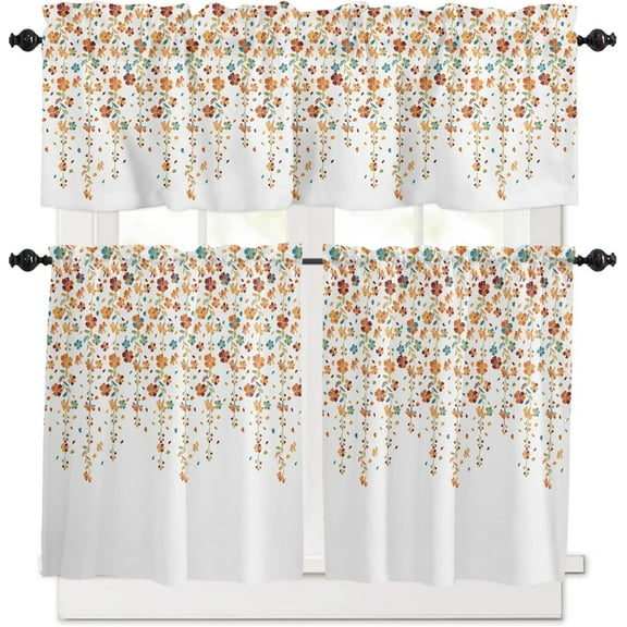 3 Piece Colorful Weeping Flower Kitchen Curtains, Tier and Valance Rod Pocket Window Curtains Set Spring Floral Cafe Curtains for Kitchen Valances Window Treatment 54X18in+27x24in×2