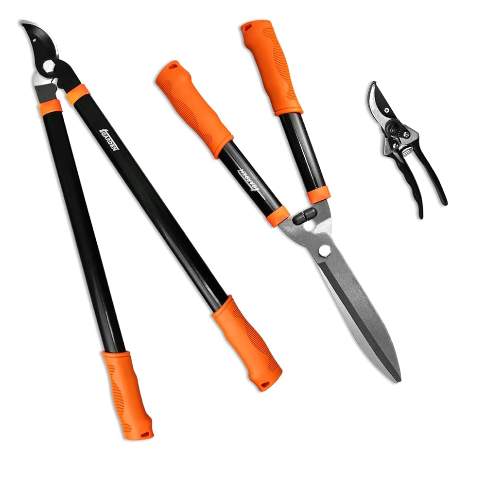 3 Piece Combo Garden Tool Set With Lopper, Hedge Shears And Pruner Shears, Tree & Shrub Care Kit