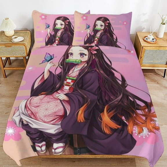3 Piece Comfortable Bedding Set Demon Slayer Kamado Nezuko Duvet Cover Twin Bed with 2 Pillowcase 102"x90"