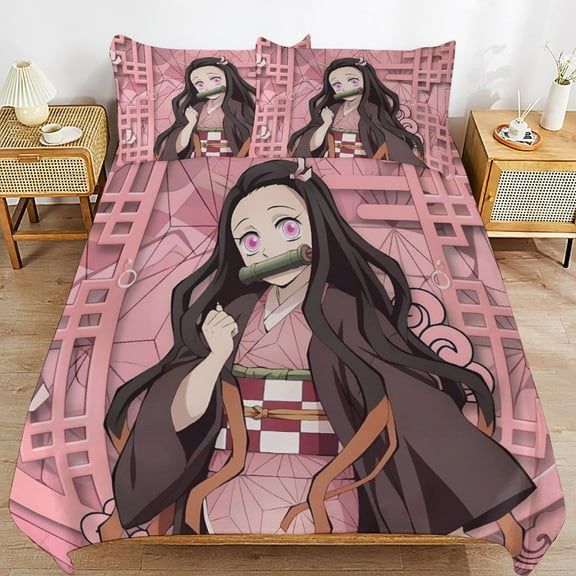 3 Piece Comfortable Bedding Set Demon Slayer Kamado Nezuko Duvet Cover Twin Bed with 2 Pillowcase 79"x90"