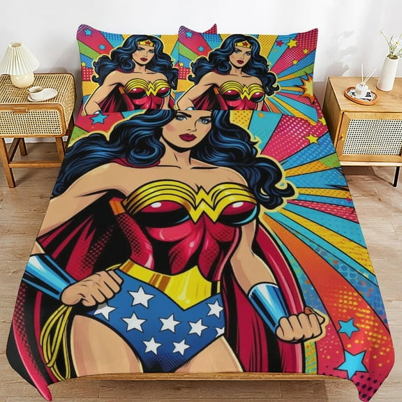 3 Piece Comfortable Bedding Set Wonder Woman Duvet Cover Twin Bed with 2 Pillowcase 90"x90"