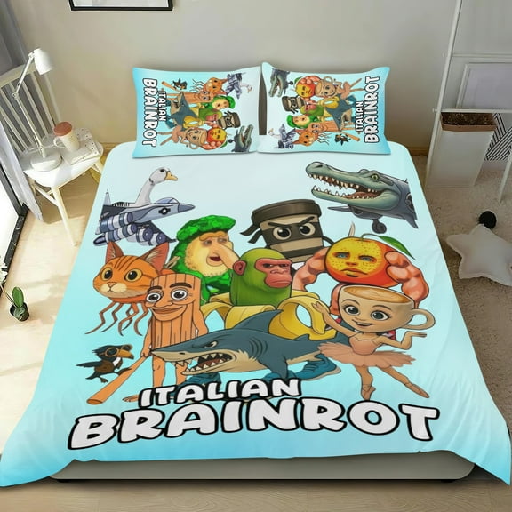 3 Piece Comforter Cover Set For Italian Brainrot Tung Tung Sahur Bedding Set Cute Duvet Cover Sets Super Soft For Teens Kids Bedroom Gifts,1 Duvet Cover with 2 Pillowcases Twin