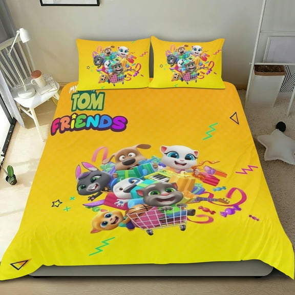 3 Piece Comforter Cover Set For Talking Tom Bedding Set Cute Duvet Cover Sets Super Soft For Teens Kids Bedroom Gifts,1 Duvet Cover with 2 Pillowcases Twin