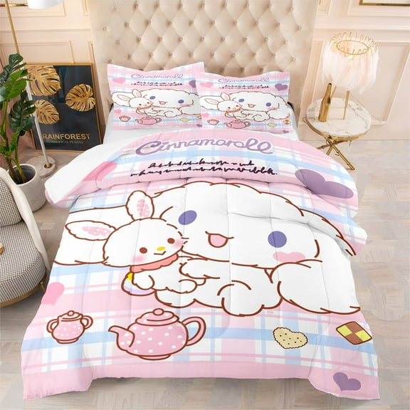 3 Piece Comforter Set Queen Size,Blue Pink Cinnamoroll Plaid Patchwork Comforter Bedding Set for All Season, Bed in a Bag with Pillowcases
