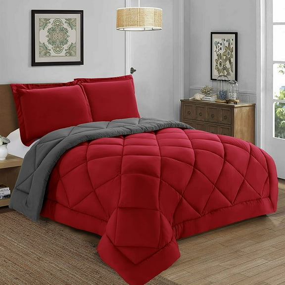 3-Piece Comforter Set - Reversible, Box Stitched Down Alternative, King/California King, All Season Suitable, Red/Gray