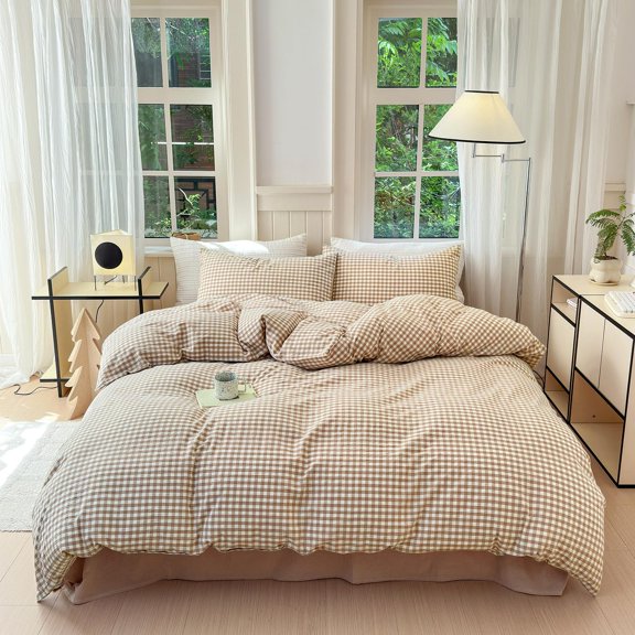3 Piece Comforter Set, Tan Gingham Plaid Checkered Design, Includes Comforter and 2 Pillow Shams, Soft Cotton Cover, Style Bedding for Seasons