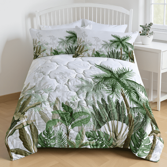 3-Piece Comforter Set with 2 Pillow Shams, Tropical Coconut Palm Tree Print, Microfiber Bedding, /Full/Queen/King