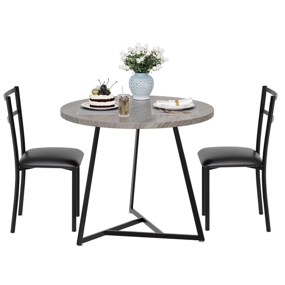 3-Piece Compact Round Dining Table Set for 2 – Space-Saving Metal Frame & Wood Grain Tabletop with 2 Upholstered Chairs – Perfect Bistro Set for Apartment, Kitchen Nook or Café, Grey