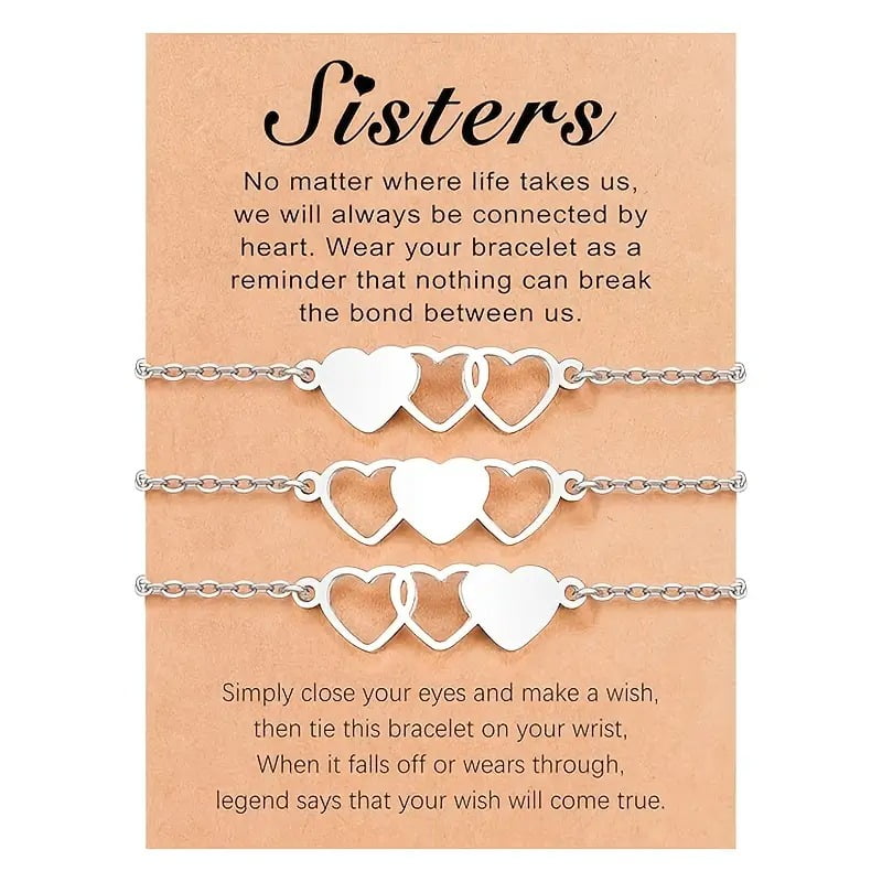3-Piece Connected Heart Bracelets Stainless Steel Matching BFF