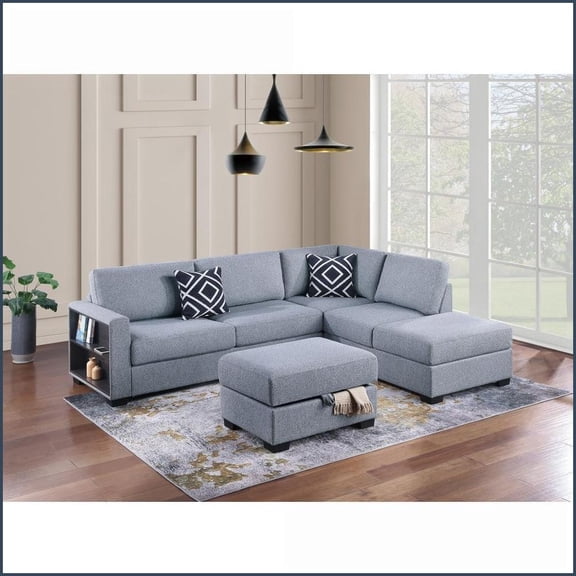 3-Piece Contemporary Boucle Sectional Sofa with Reversible Chaise, Storage Ottoman & Built-In Shelf for Living Room | Gray | Boucle, Wood | Cushion Back