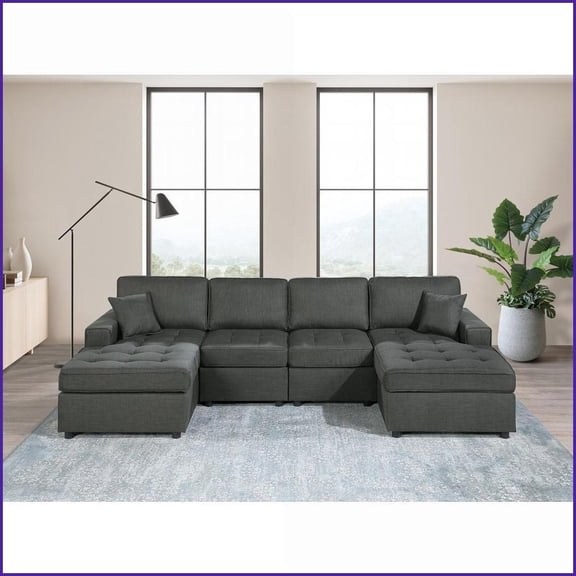 3-Piece Contemporary Sectional Sofa with Chaise & Pillows – Ash Black Dorris Corduroy Tufted Living Room Couch | Ash Black | Dorris Corduroy | Square Arms