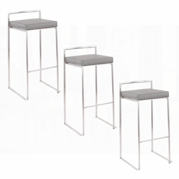 3-Piece Contemporary Stackable Barstools in Stainless Steel with Grey Faux Leather Cushion by LumiSource - Set for Indoor Use