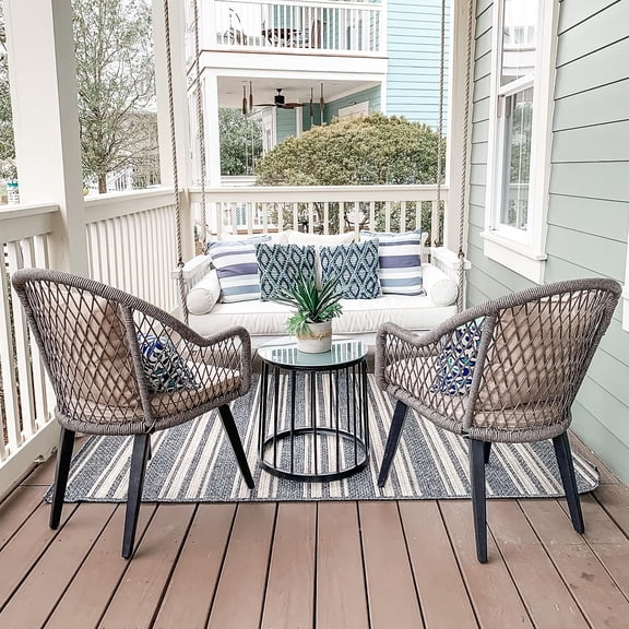 3-Piece Conversation Bistro Chat Set All-Weather Wicker Outdoor Furniture for Small , Porch, Balcony w/ 2 Wide Ergonomic Chairs, Glass Top Side Table ()