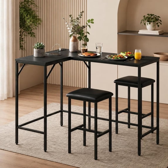 3-Piece Convertible L-Shaped Kitchen Table Chair Set with 2 Ac Outlets ...