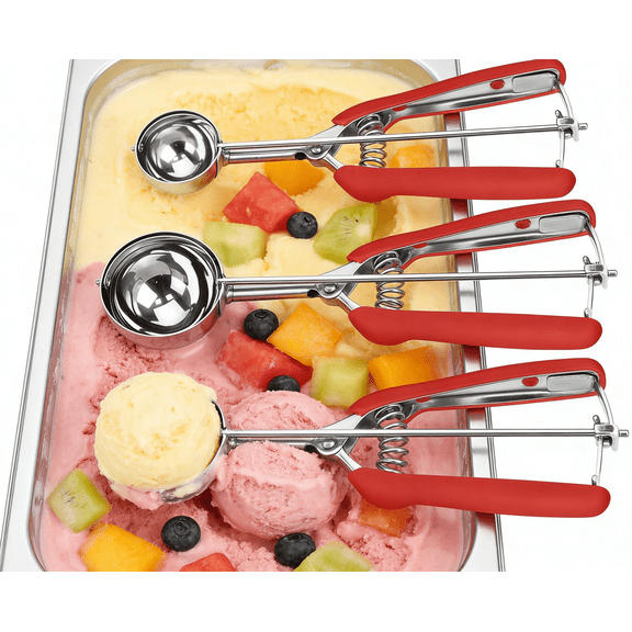 Red 18/8 Stainless Steel 3-Piece Cookie Scoop Set with Trigger Release & Soft Grip Handle