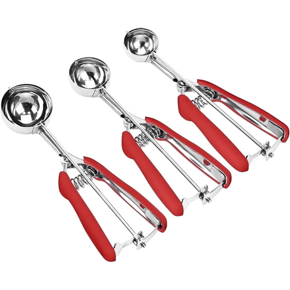 3-Piece 18/8 Stainless Steel Cookie Scoop Set - with Trigger Release and Soft Grip Handle (Red)