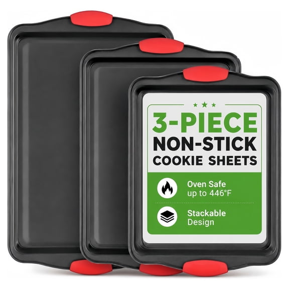 3-Piece Cookie Sheets for Baking, Non-Stick Baking Sheet Pan Set with Silicone Handles, Stackable Cookie Sheet Oven Trays in Small, Medium and Large Sizes for Baking and Everyday Use