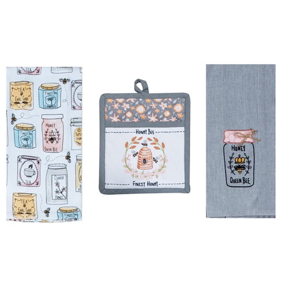 3 Piece Coordinating Honey Bee Kitchen Accessory Bundle, 2 Towels and Potholder