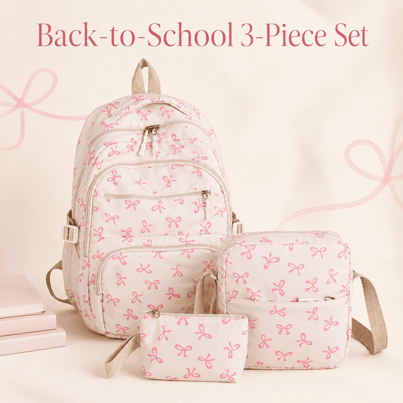 3 Piece Coquette Bow Print Backpack Set, Lightweight Adjustable Straps Lightweight, Nylon Multi Compartment Bookbag, Cute Aesthetic Laptop Daypack for Back to School Travel Daily Use
