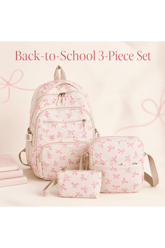 3 Piece Coquette Bow Print Backpack Set, Lightweight Adjustable Straps Lightweight, Nylon Multi Compartment Bookbag, Cute Aesthetic Laptop Daypack for Back to School Travel Daily Use