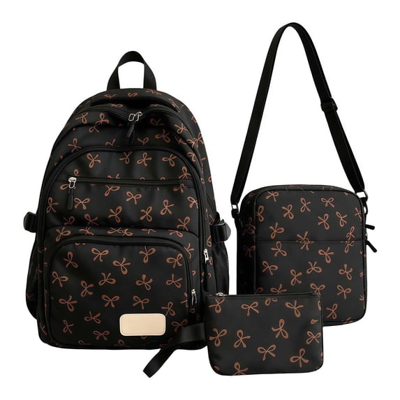 3 Piece Coquette Bow Print Backpack Set, Lightweight Adjustable Straps Lightweight, Nylon Multi Compartment Bookbag, Cute Laptop Daypack for Back to School Travel Daily Use