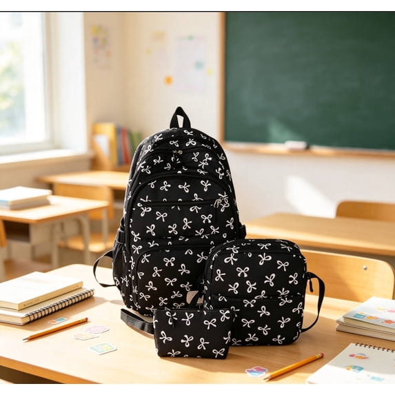 3 Piece Coquette Bow Print Backpack Set, Lightweight Adjustable Straps Lightweight, Nylon Multi Compartment Bookbag, Cute Aesthetic Laptop Daypack for Back to School Travel Daily Use