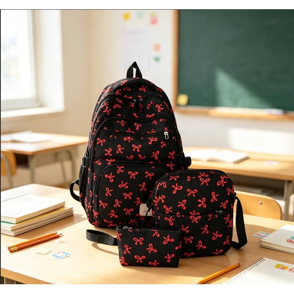 3 Piece Coquette Bow Print Backpack Set, Lightweight Adjustable Straps Lightweight, Nylon Multi Compartment Bookbag, Cute Aesthetic Laptop Daypack for Back to School Travel Daily Use